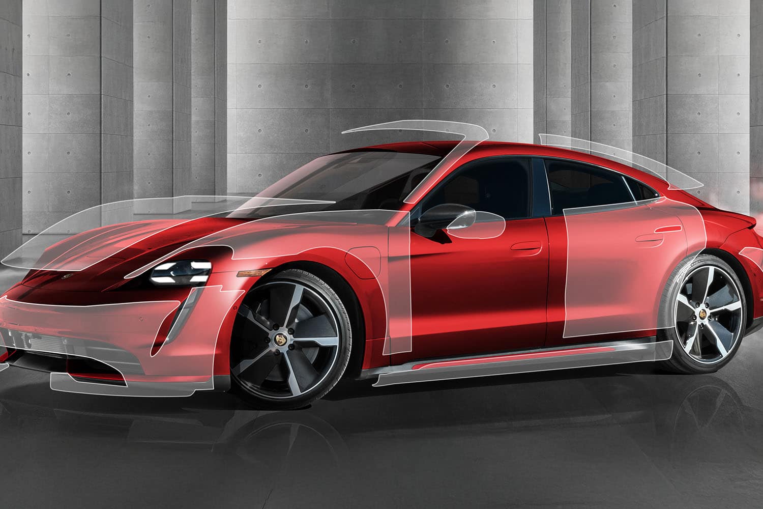 Diagram of clear bra paint protection film coverage on a red sports car showing PPF installation areas